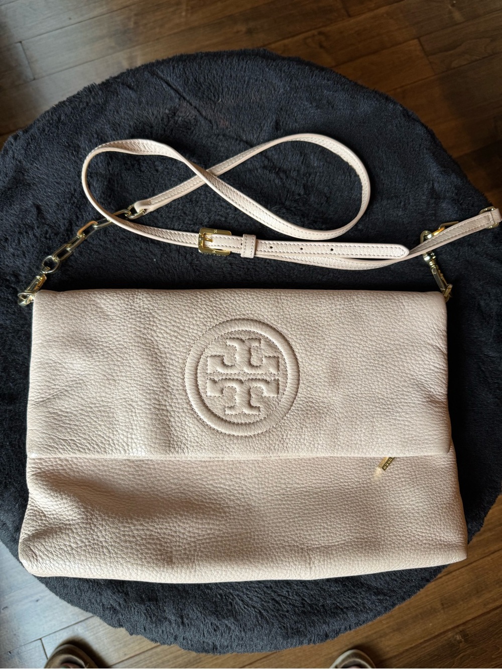 Tory Burch Thea Fold-Over Leather Shoulder Bag /cross body light beige pink